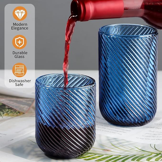 Set of 8 Ribbed Glassware,4 Highball Glasses 14oz & 4 Rocks Drinking Glasses 9oz, Origami Style, Fluted Design, for Milk, Water, Cocktail, Juice, Beer, ToothBrush Cup, Gif (Leaning Blue)