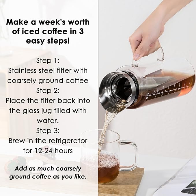 Aquach 51oz Cold Brew Coffee Maker, Borosilicate Glass Pitcher for Iced Tea | Dishwasher Safe, Family Size, Up to 2 Weeks Fresh Aroma, Refrigerator Fit, 304 Stainless Filter
