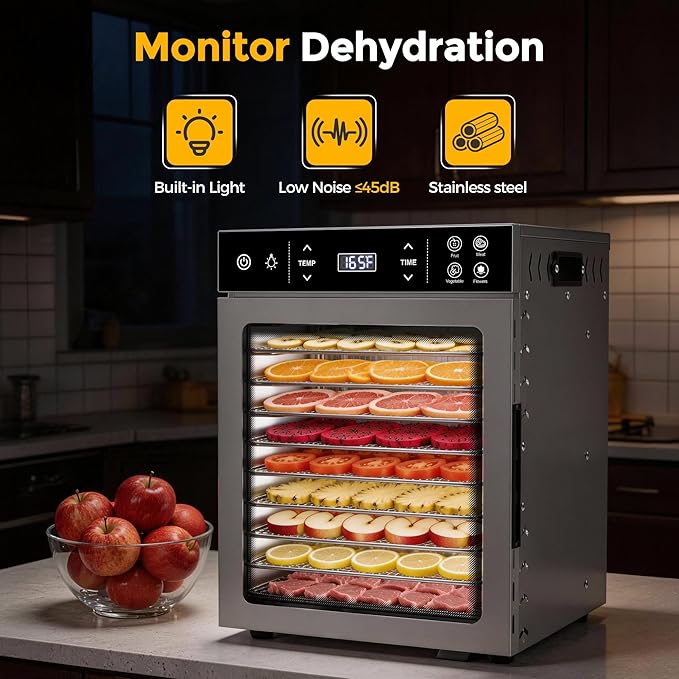 Suteck Food Dehydrator with 10 Stainless Steel Trays, 400W Dehydrator Machine with Dual Fans & 360° Airflow, Digital Temp & Time Control with 4 Presets, Quiet Food Dryer for Jerky, Fruit, Flower, Meat