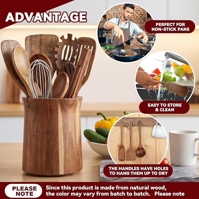 SiliFine 11 Pcs Wooden Kitchen Utensils Set with 360° Trumpet Rotating Holder Acacia Wood Cooking Utensils with Holder Cooking Spoons Spatulas for Nonstick Cookware Countertop Kitchen (Natural)