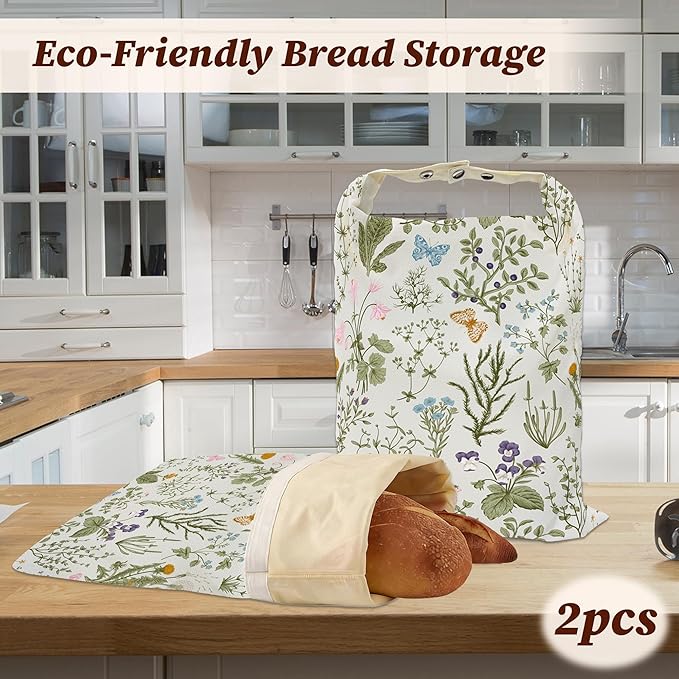 Bread Bags for Homemade Bread- Herbs Wild Flowers Vintage Botanical 2 Pack Linen and Beeswax Sourdough Storage Bags, Reusable Keeper, Keeps Breads Fresh Longer, Gifts for Bakers