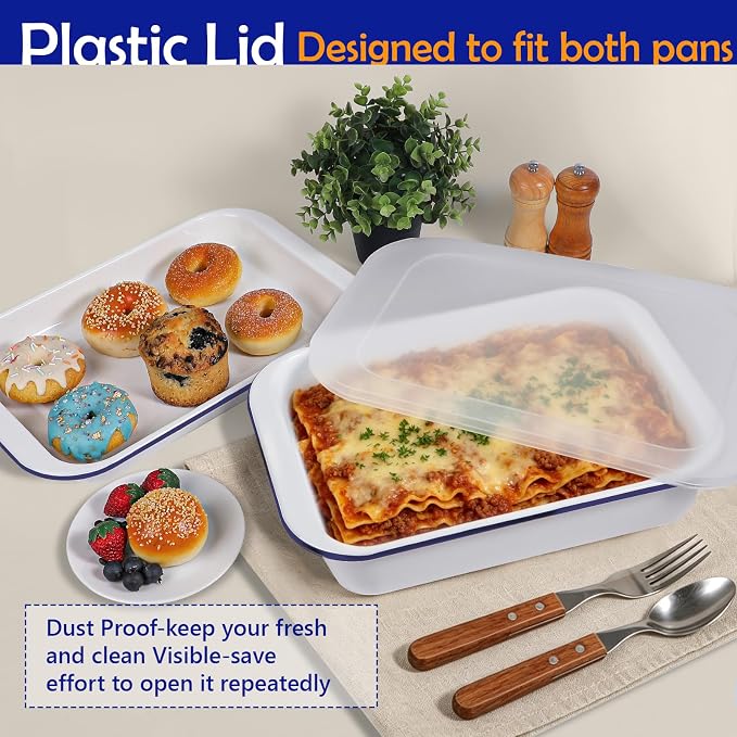 Webake Enamelware Bakeware Set with Lid, One 9x13 Baking Dish & One 9x13 Sheet Pan, Nonstick Enameled Steel Rectangular Serving Tray, Set of 2