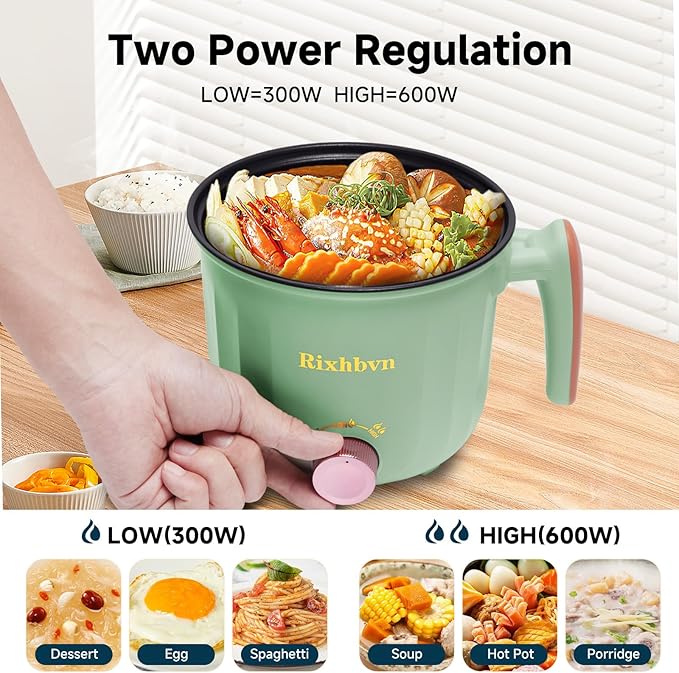 Hot Pot Electric with Steamer, Rapid Noodles Cooker,Non-Stick Electric Pot for Raman, Soup, Noodles, Steak, Oatmeal, Rapid, with Temperature control, (Rotary switch), 1.8L,Green
