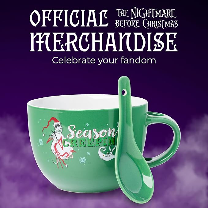 Silver Buffalo Disney Tim Burton's Nightmare Before Christmas Holiday Season's Creepings Jack Skellington Ceramic Soup Mug with Spoon Set, 24 Ounces