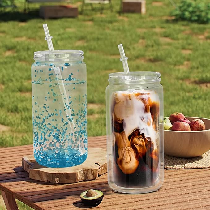 16 oz Plastic Snow Globe Tumbler, Double Wall Snowglobe Tumbler with Pre Drilled Hole Clear Acrylic Cups with Lids and Straws for Iced Coffee Boba Juice Soda 6 Pack