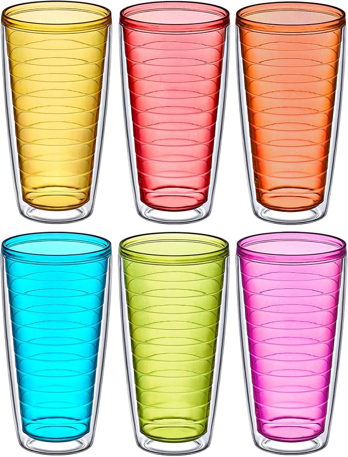 Amazing Abby - Alaska - 24-Ounce Insulated Plastic Tumblers (Set of 6), Double-Wall Plastic Drinking Glasses, Mixed-Color Reusable Cups, BPA-Free, Shatter-Proof, Dishwasher-Safe