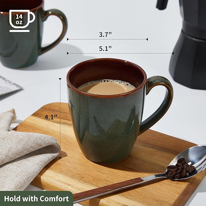 Pokini Coffee Mug 14 oz, Ceramic Coffee Mugs Set of 4, Reactive Glaze Mug for Latte/Tea/Cappuccino, Large Stackable Mug Set for Men, Women, Dad, Mom, Dishwasher & Microwave Safe, Brown Green