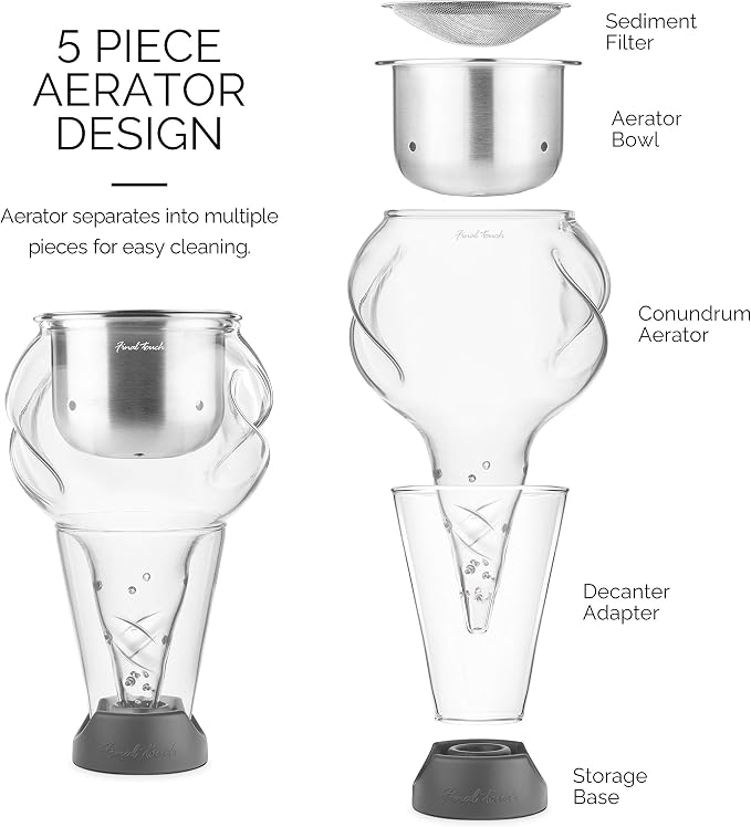 Final Touch Conundrum Stainless Steel Wine Decanter Aerator - Instant Oxygenation, 3 Phase Aeration System, Sediment Filter, Fits Angled & Straight Decanters (WDA595)