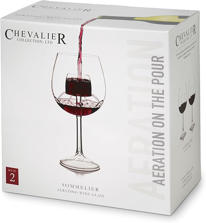 Sommelier Aerating Wine Glasses (Set of 2) by Chevalier Collection - Handblown Wine Glasses with Patented Built-In Aerator - Gift Packaging