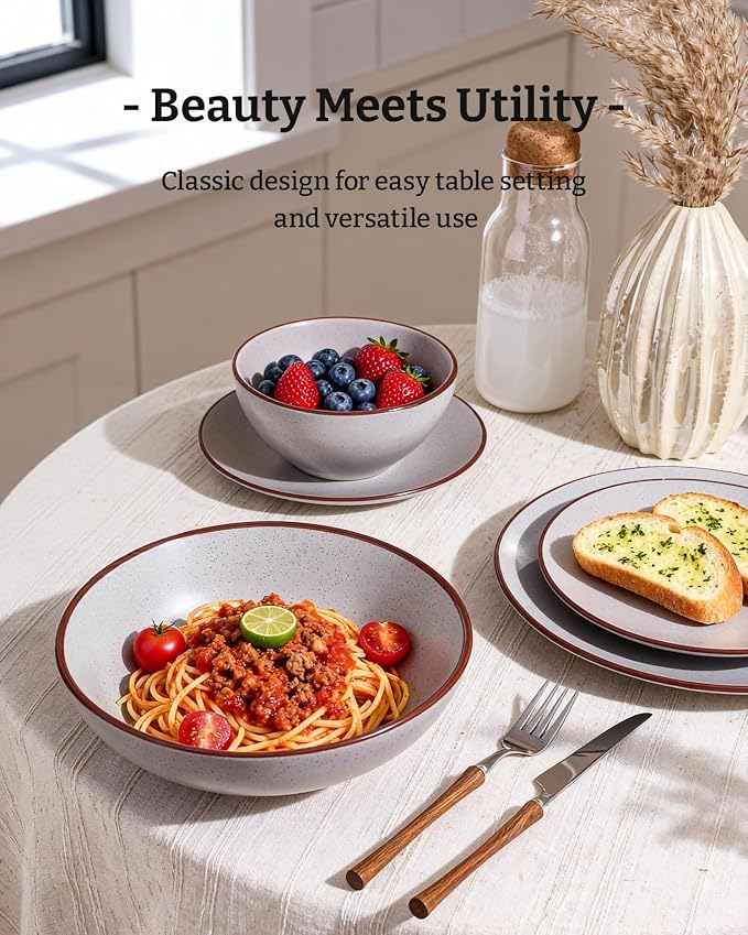 Famiware Venus Stoneware Dinnerware Set with Pasta Bowls for 6, 24-Piece Speckled Plates and Bowls with Trim, Matte Light Gray - Chip‑Resistant Dishes for Everyday & Formal, Microwave/Dishwasher Safe