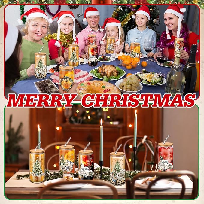 Teenyyou 12 Set of Christmas Glasses with Bamboo Lid and Glass Straw 16 oz Christmas Drinking Cup Beer Iced Coffee Cup Xmas Tumbler Mugs for Women Men Holiday Party Office Gifts