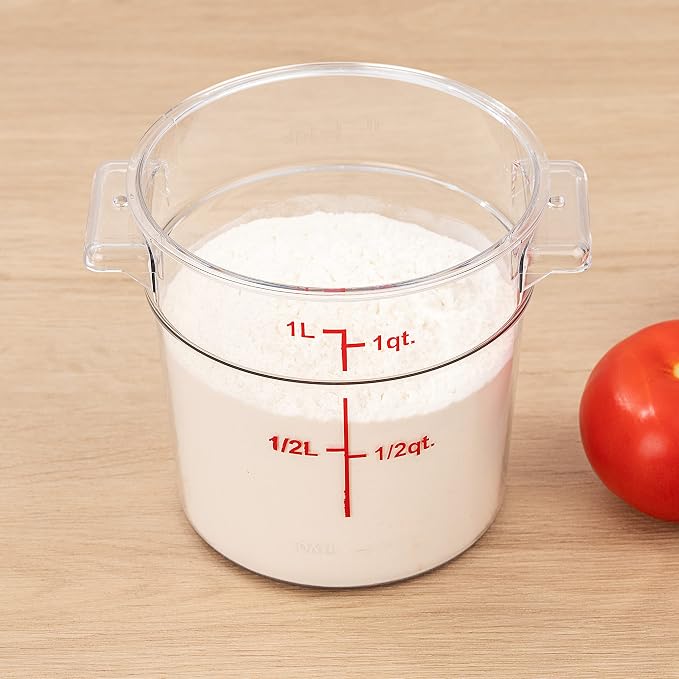 Restaurantware Met Lux 1 Quart Food Storage Container, 1 Round Commercial Storage Container - Lid Sold Separately, With Volume Markers, Clear Plastic Food Prep Bucket, Space-Saving Storage