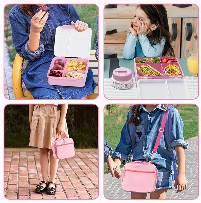 Kids Bento Lunch Box with Thermos, Leakproof Toddler Bento Box with 9 OZ Insulated Food Jar, Lunch Bag & Utensils 3 or 4 Compartment Container for School Girls Boys