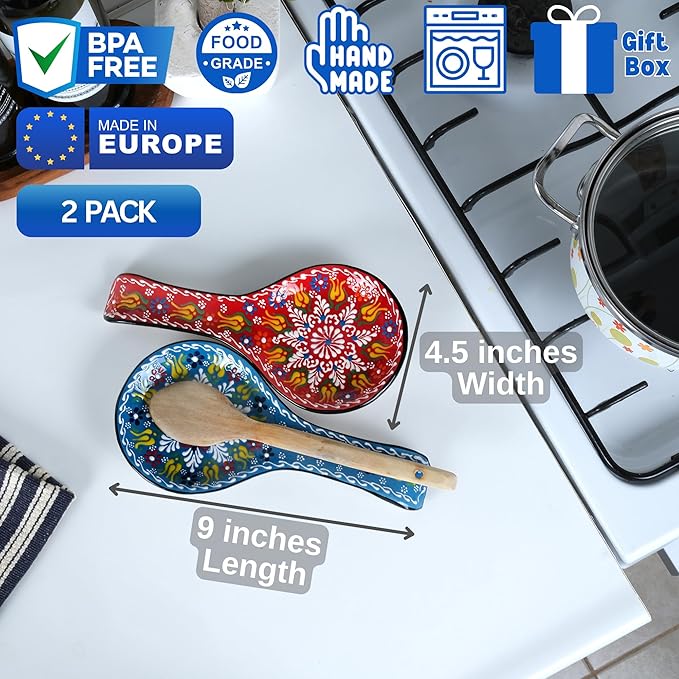 BCS Spoon Rest Set of 2 - Ceramic Spoon Holder for Stovetop & Kitchen Counter - Dishwasher Safe Handmade Kitchen Utensil (Blue-Red 4.5” W x 9" L)