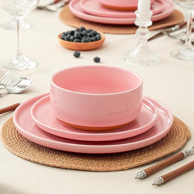 6 Piece Dinnerware Set, Dual Glaze Stoneware Plates and Bowls Sets, Modern Dinner Plate, Salad Plate, Cereal Bowl, Dish Set for 2, Microwave and Dishwasher Safe, Pink