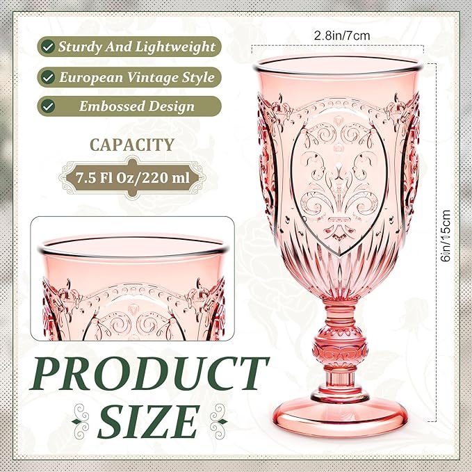 Wiwiqing 6 Pcs Plastic Goblets 7.5oz mini Vintage Goblet Plastic Wine Glasses Colored Retro Embossed Water Goblets for Wine Bar Juice Baby Shower Wedding Reception Grand Event Party (Pink)