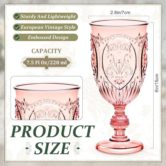 Wiwiqing 24 Pcs Plastic Goblets 7.5oz Vintage Goblet Plastic Wine Glasses Colored Retro Embossed Water Goblets for Wine Bar Juice Baby Shower Wedding Reception Grand Event Party (Pink)