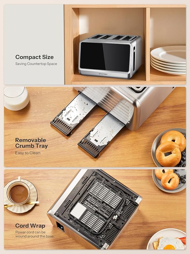4 Slice Touchscreen Toaster, Digital Display Stainless Steel Toaster with Extra Wide Slots, 6 Shade Settings, Defrost Reheat Cancel Functions, Removable Crumb Tray