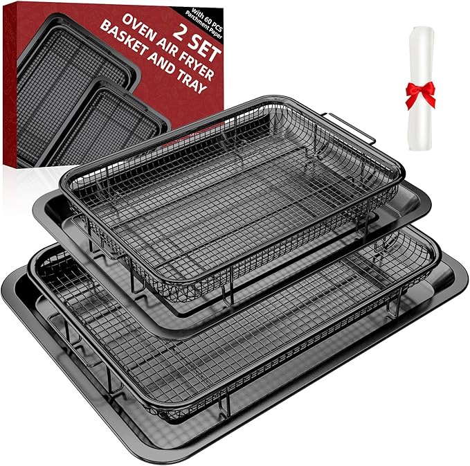Air Fryer Basket, 2 Set Oven Air Fryer Basket and Tray with 60 PCS Parchment Papers, DEGOVIN Crisper Tray Non-stick Stainless Steel Air Fry Pans for Convection Oven(14.88"×10.98"& 13"× 9.7"-Black)