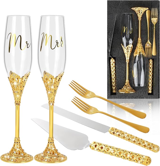 6 PCS Wedding Cake Knife and Champagne Flutes Server Set with Fork Mr and Mrs Champaign Flutes, Bride and Groom Champagne Glasses Crystal Rhinestone Wedding Toasting Glasses Parties