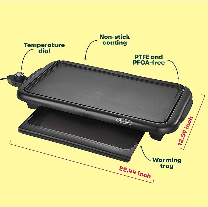 bella Electric Griddle with Warming Tray - Smokeless Indoor Grill, Nonstick Surface, Adjustable Temperature & Cool-touch Handles, 10" x 18", Copper/Black, PFOA & PTFE Free
