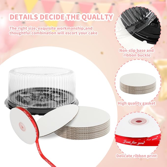 12Pcs 10 Inch Plastic Disposable Cake Containers with Lids and Cake Boards,Ribbon | Round Cake Container Carriers Clear Cake Box for Transport, Storing, Display Cakes