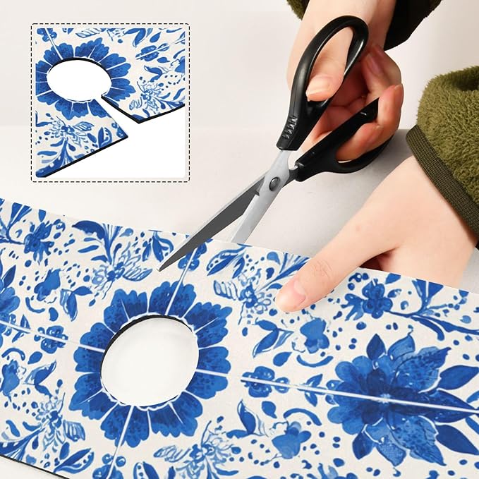Kitchen Sink Splash Guard 2 PCS 14.7 Inch Sink Faucet Mat Splash Guard for Bathroom Countertop Water Absorbent Foldable Cuttable Soft Washable Floral Blue and White Tile