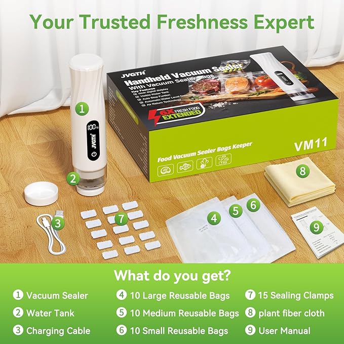 Handheld Vacuum Sealer (Food Storage):Compact Vacuum Sealer Food, 80kPa Suction, 1800 mAh Battery, 30 Reusable Sous Vide Bags, Preserve 6X Freshness For Kitchen, BBQ, Travel.
