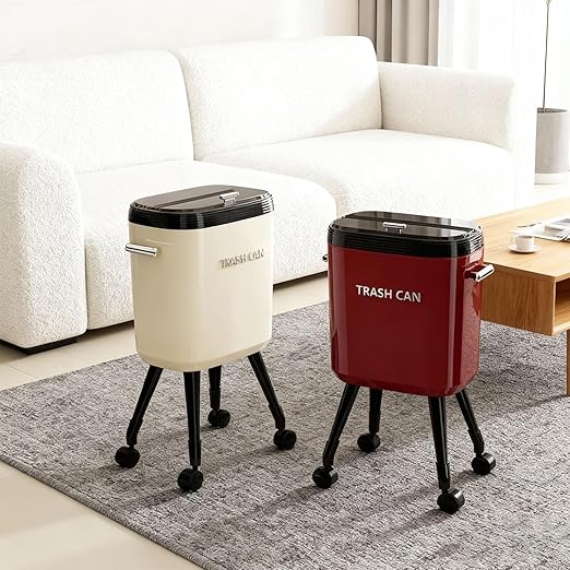 Tall Trash Can with Wheels, 15L Large Capacity Narrow Garbage Can with Elevated Legs, Trash Bin for Kitchen Bathroom Living Room Office (Red)