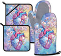 Valentine's Day Oven Mitts and Pot Holders Sets 4Pcs Silicone Non-Slip Mitts Heat Resistant Gloves Hot Pads for Kitchen Cooking Baking Grilling BBQ Heart Flowers