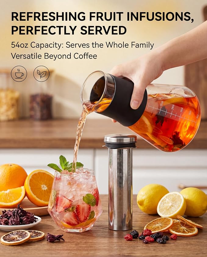 AGOGO Glass Coffee Maker & Tea Pitcher, Hot & Cold Immersion Brewer with Stainless Steel Filter, Silicone Grip Carafe for Countertop Sharing, Iced Tea & Fruit Water, Gift Box 54oz
