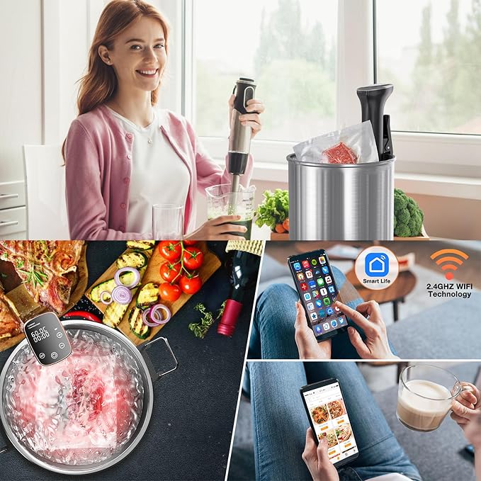 1100W WiFi Sous Vide Machine Precision Temperature Control Immersion Circulator for Home Chefs, Sous Vide Cooker Ultra-Quiet Fast Heating with App & Recipes, for Steak, Chicken & Seafood