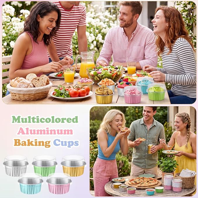 Gejoy 400 Pcs Aluminum Foil Baking Cups with Lids 5 oz Disposable Ramekins Mini Cake Pans Creme Brulee Cupcake Liners Muffin Dessert Container for Wedding Birthday Party (Classic,Soft Color)