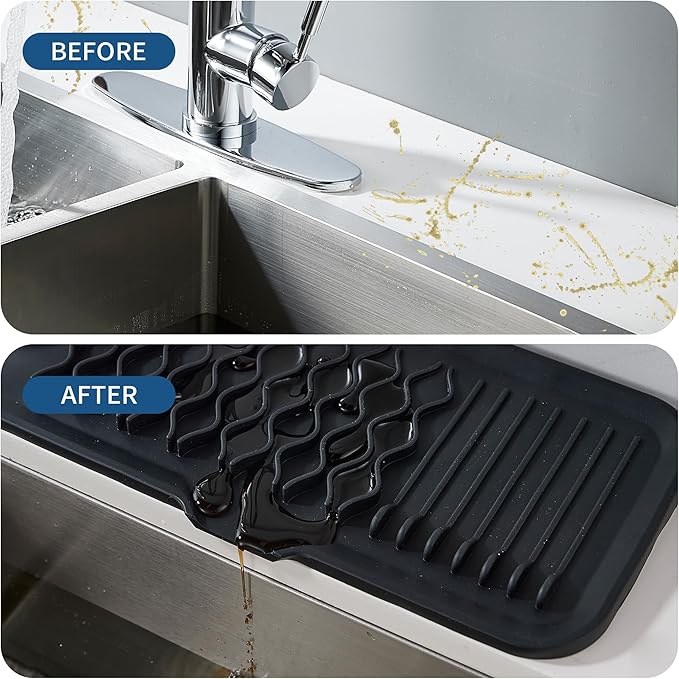 Kitchen Sink Splash Guard 24inch Black Silicone Draining Mat Dish Drying Mats Sponge Holder and Bathroom Countertop Protect Kitchen Sink Splatter Screen