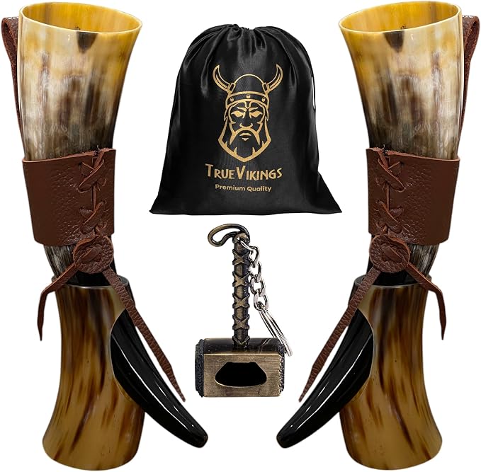 Drinking Horn — 10-12 Inch Viking Gifts for Men & Women | With Thor Bottle Opener & Stand | Handmade & Real Ox Horns | Norse Viking Cup Perfect For Beer, Ale, Mead (12 Oz) (Shine Polished Pack of 2)