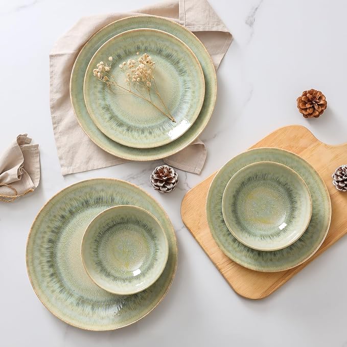 DOMICREVERY Ceramic Dinnerware Sets for 4, 12 Pieces Plates and Bowls Sets, Moss Green