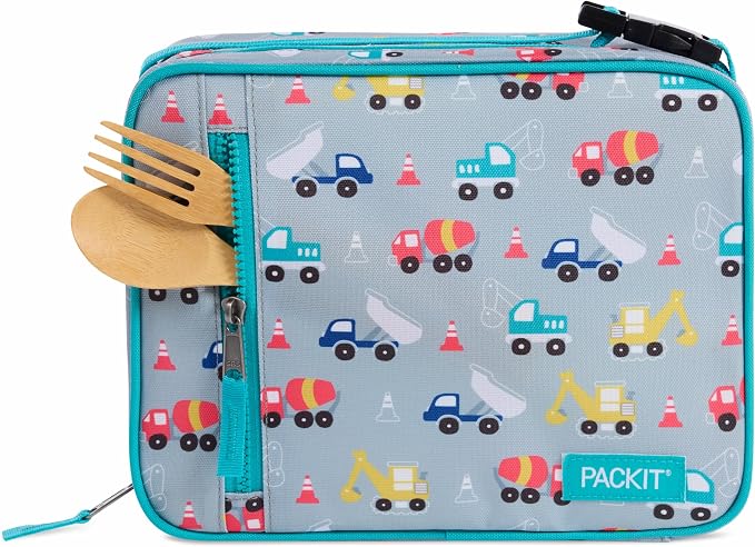 PackIt Freezable Classic Lunch Box, Construction Trucks, Built with EcoFreeze Technology, Collapsible, Reusable, Zip Closure With Zip Front Pocket and Buckle Handle, Designed for Fresh Lunch On the Go