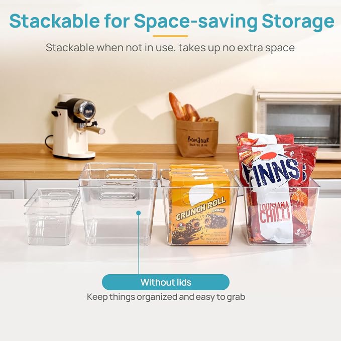 Vtopmart 8 Pack Clear Plastic Storage Bins Set, 4 Large and 4 Small Pantry Organizers and Storage Bins with Handle, Storage Containers for Pantry, Kitchen, Fridge, Cabinet Organization