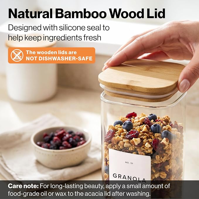 EDELHAUS Glass Storage Containers with Lids - Canister for Pantry Food | Bamboo Lids White Labels Set of 5 - cereal flour sugar rice coffee tea spice pasta noodles dry goods 54 pre-printed labels