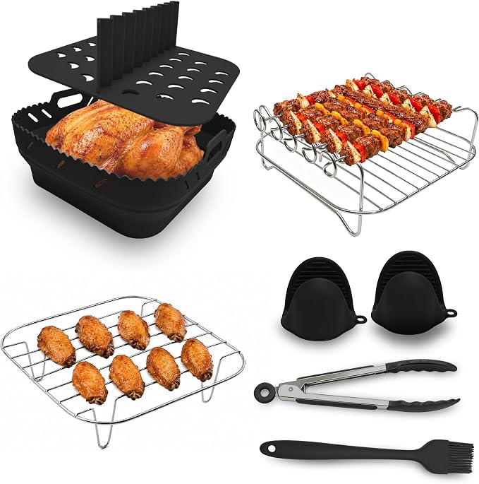 Air Fryer Accessories 8-Piece Set, Silicone Liners with Metal Rack, Skewers, Tongs & Gloves for 6QT Square Basket Air Fryer, Dishwasher Safe