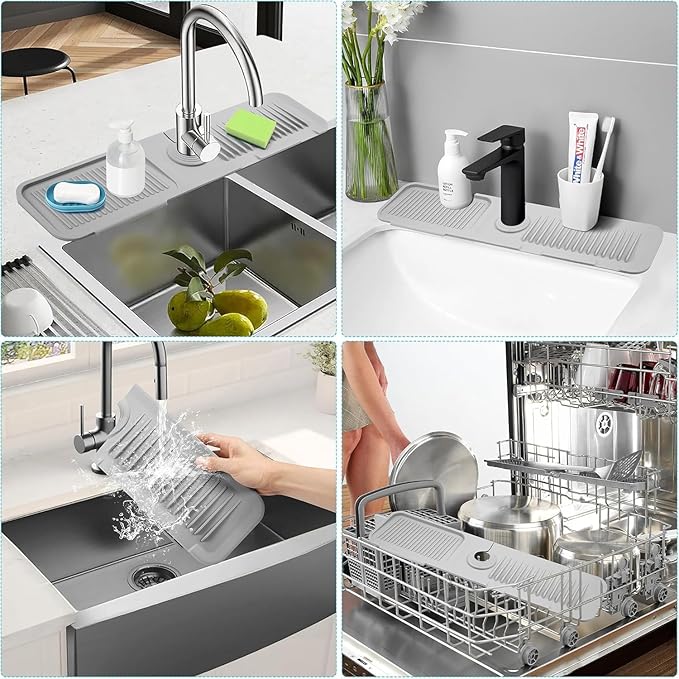 Folding Faucet Mat for Kitchen Sink Upgraded Premium Silicone Splash Guard with Fast Drying Properties Protective Sink Tray Ideal for Stone Sinks in Kitchen & Bathroom (Gray, 23.8"x5.5")
