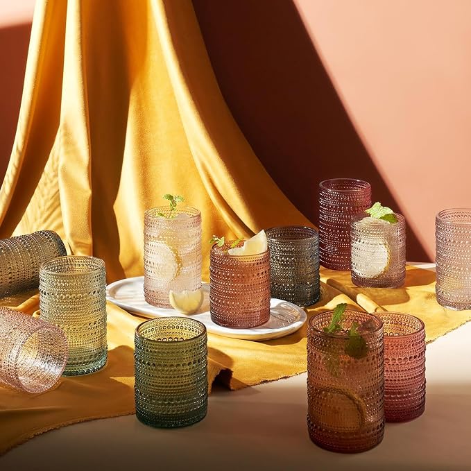 Khen Hobnail Beaded Highball Drinking Tumbler Glasses | Set of 12 | Color, Vintage Bubble Design Whiskey Glassware, Old-Fashioned, Embossed Design for Water, Wine, Cocktail Embossed, Rocks Glass