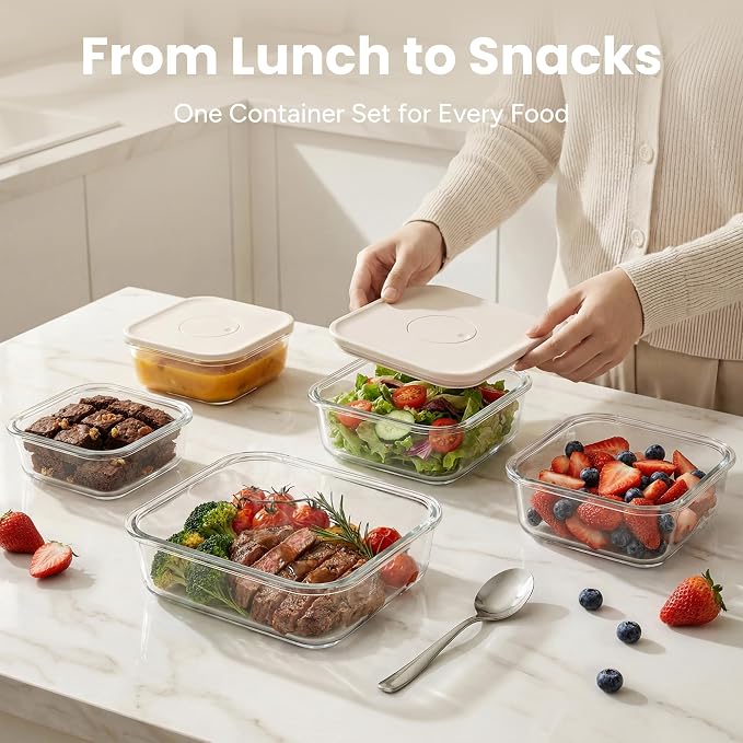 SMIRLY Glass Food Storage Containers with Lids Set, Borosilicate Glass Meal Prep Containers with Airtight Lids & Organizer, Stackable Glass Containers for Healthy Cooking, 5-Pack, Cream White