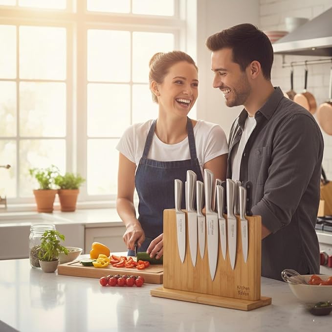 Magnetic Knife Block with 18 COREVA™ Magnetic Plates – Double Sided Bamboo Knife Holder, Engineered Full-Surface Magnetic System for All Knives & Scissors, Countertop Storage Organizer