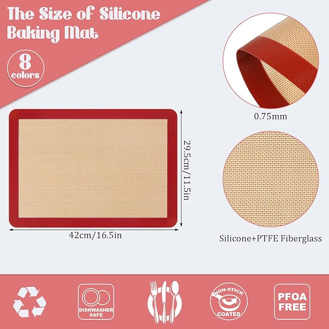 Nuanchu 8 Pieces Silicone Baking Mat Non-stick Silicone Baking Half Sheet 16.5'' x 11.6'' Silicones Cookie Sheet Easy Clean Oven Cookie Liner for Oven Making, Macaroon, Bread Pastry(Red)