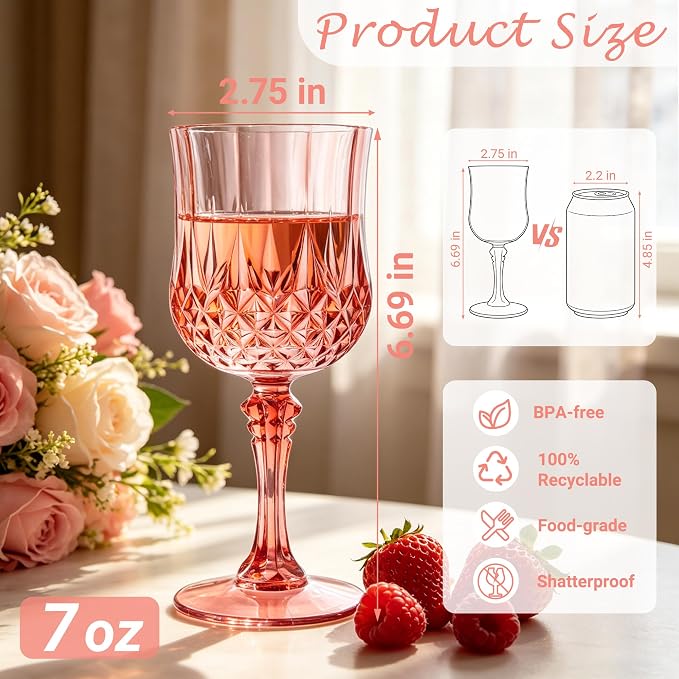 Plastic Wine Glasses, Plastic Goblets Vintage Style Cordial Unbreakable Drinking Glasses, Reusable Drinkware for Wedding Reception, Grand Event Party Supplies (24, Rose Gold)