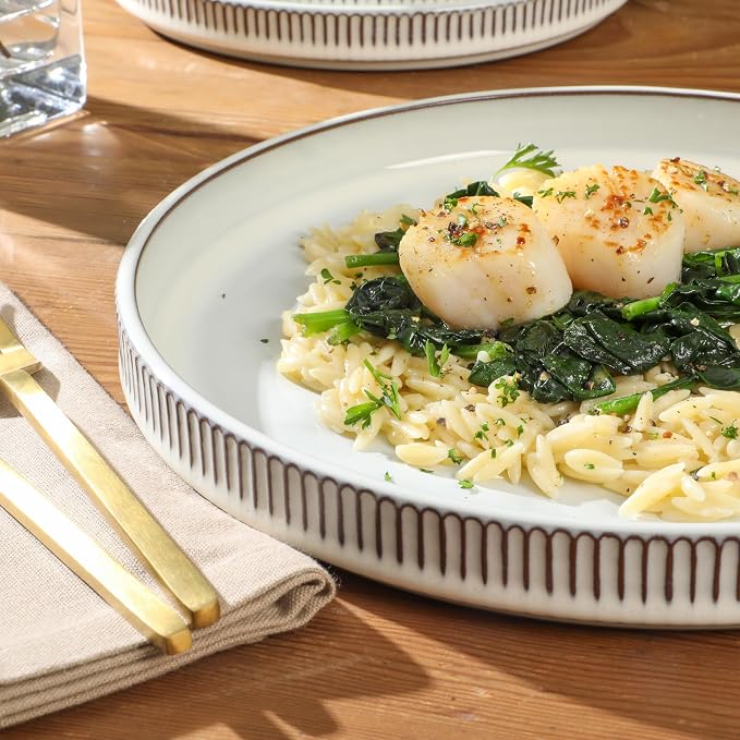Gibson Elite 12 Piece (Service for 4) Townscape Plates and Bowls Reactive Glaze Embossed Round Dishes Terracotta Ceramic Dinnerware Set - Cream White