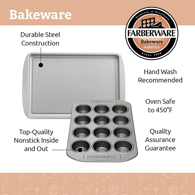 Farberware Nonstick Bakeware 11-Inch x 17-Inch Cookie Sheet Pan Set, 2-Piece, Gray