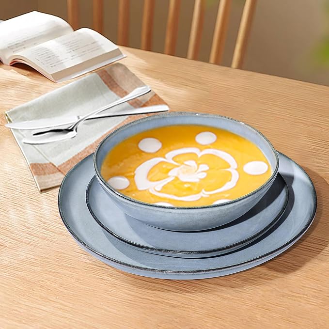 Herogo Stoneware Dinnerware Sets for 6, 24 Piece Ceramic Dinner Dishes Set, Irregular Handmade Plates and Bowls Dishware, Crack and Scratch Resistant, Reactive Glaze, Smoky Blue