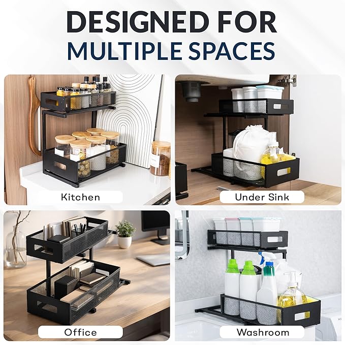 Under Sink Organizer Set of 2, Heavy Duty Matte Black Metal Cabinet Organizer with Retractable Shelves, Adjustable Height, Expandable Storage for Kitchen Bathroom and Laundry Room